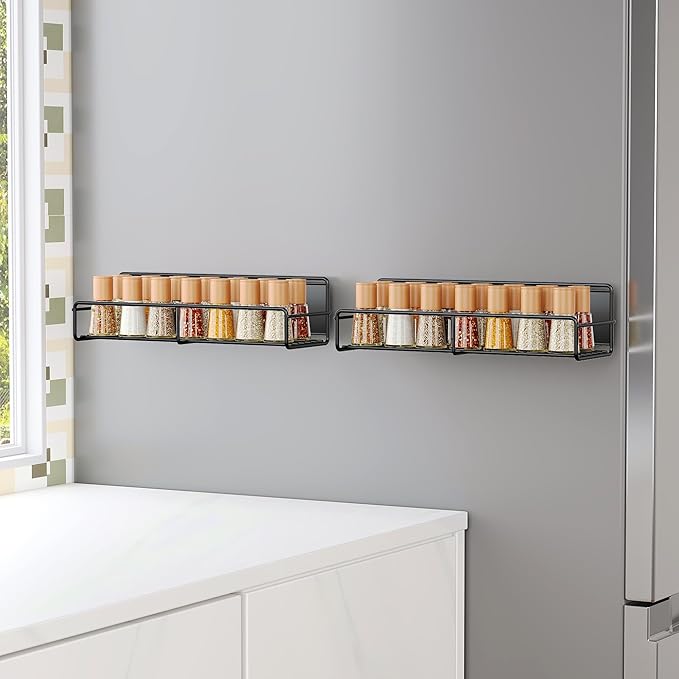 2 Pack Magnetic Spice Rack Organizer, Space Saver for Refrigerator and Microwave Oven, Magnetical Fridge Shelf for Jars, Seaoning, tins and Utensils Black-CasaMuseHome