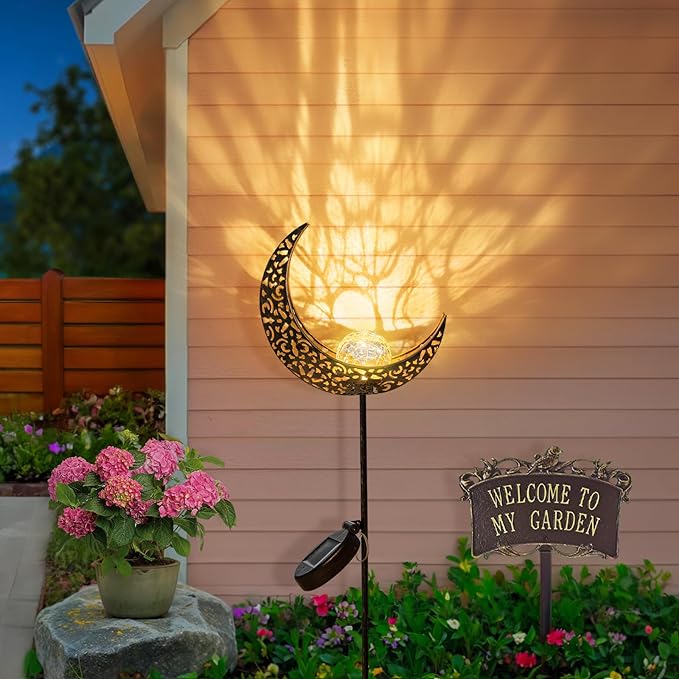 2Pack Moon Garden Solar Lights Outdoor Stakes Waterproof, Gifts for Mom, Crackle Glass Patio, Backyard Decorations, Balcony Lawn Ornaments, for Women Men Grandma (Bronze)-CasaMuseHome