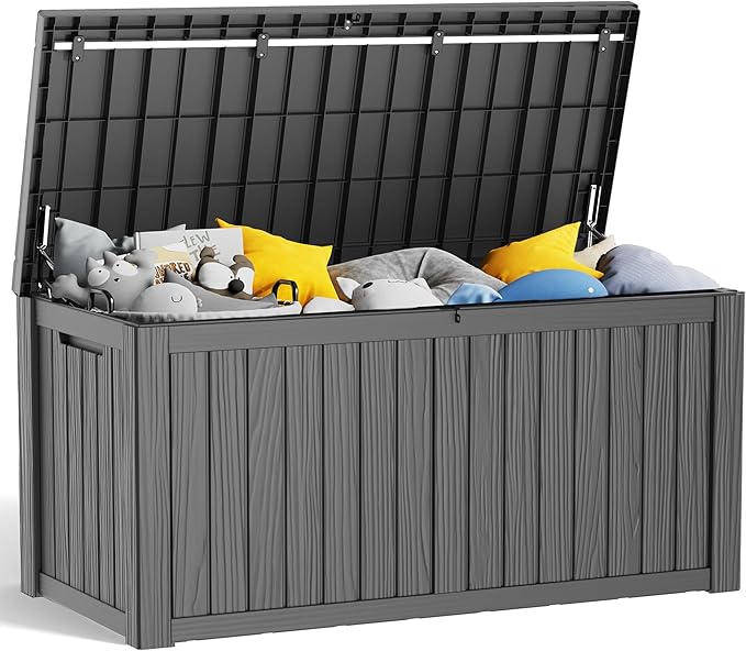 150 Gallon Resin Deck Box, Lockable Patio Outdoor Storage Box for Furniture, Garden Tools and Tools Storage, Waterproof Outside Storage Boxes - Black-CasaMuseHome