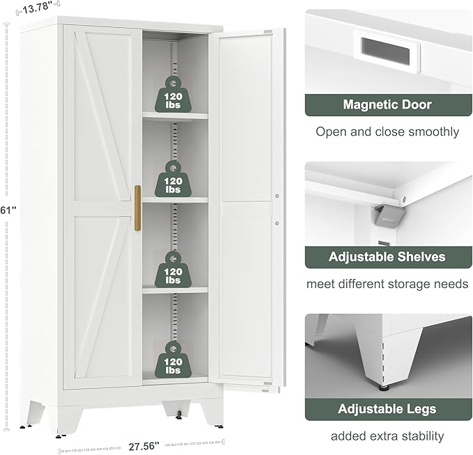 61" Tall Farmhouse Metal Pantry Cabinet, Kitchen Pantry Storage Cabinets with 2 Barn Door and Adjustable Shelves,Metal Pantry Storage Cabinet,for Kitchen,Laundry Room,Home Office,Kids Room (White)-CasaMuseHome