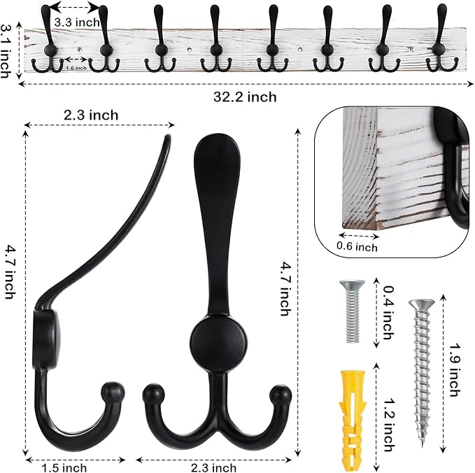 32.2'' Large Coat Rack Wall Mount Coat Hooks with 8 Metal Black Triple-Hooks Old White Pine Real Wood Plank Hat Rack for Wall Hooks-CasaMuseHome