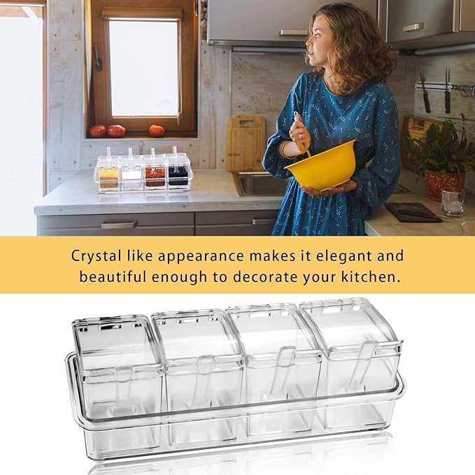 4-Cell Clear Seasoning Rack Spice Box, Storage Container Condiment Jars Acrylic Seasoning Box with Cover and Spoon (Basic Clear)-CasaMuseHome