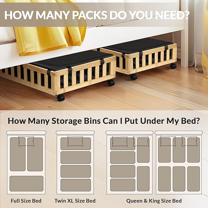 2 Pack Bamboo Under Bed Storage with Wheels, 39”x20”x7.8” Lager Under Bed Storage Containers (Natural)-CasaMuseHome