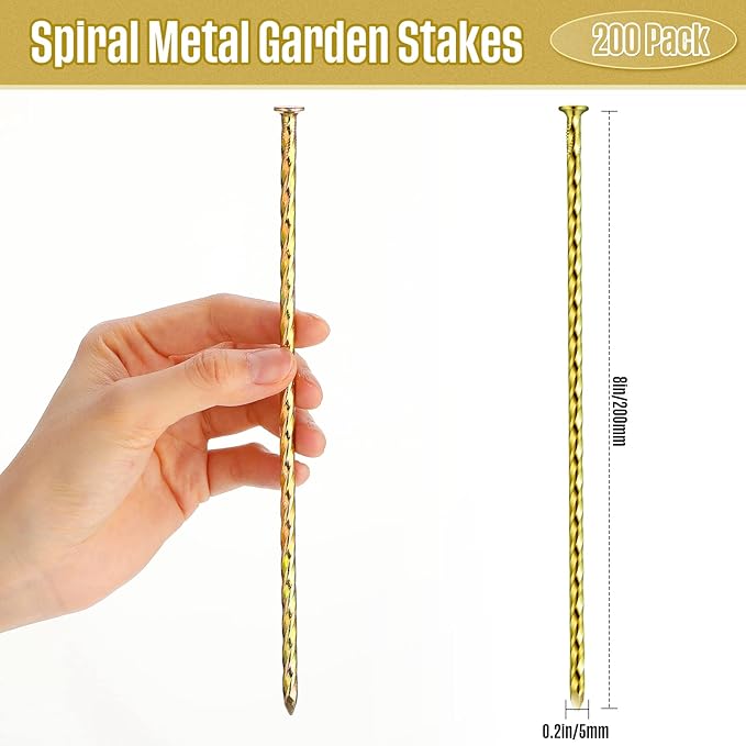 200 Pcs Metal Nails 8 Inch Artificial Spikes Galvanized Spiral Landscape Stakes Edging Spikes Garden Stakes for Fake Landscaping Grass Ground Lawn(Gold)-CasaMuseHome