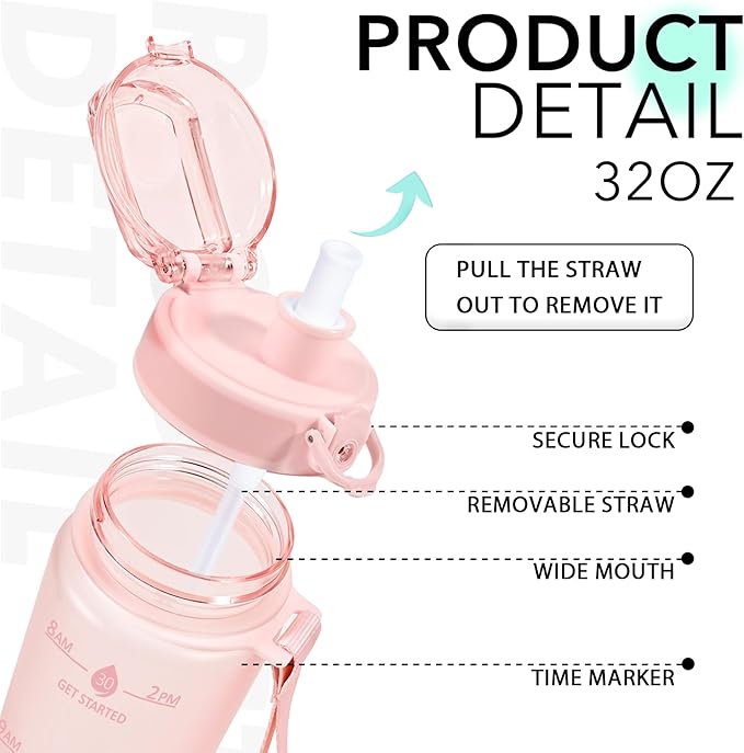 32oz Motivational Water Bottles with Time Marker & Fruit Strainer, Transparent Gradient Color Water Bottle with Times to Drink, Leakproof & BPA Free, Reusable Bottle with Strap (No Straw)-CasaMuseHome