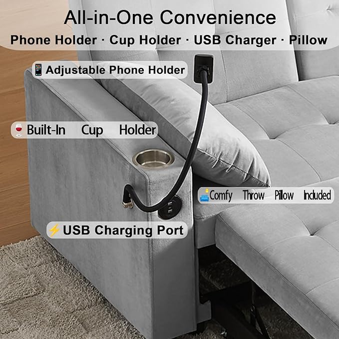 70" Queen Size Sofa Bed for Living Room – Pull-Out Sleeper Sofa Couch with Cup Holder, Phone Holder, USB Charging Port, Solid Wood Frame, Easy Assembly, Space-Saving Design for Small Apartments-CasaMuseHome