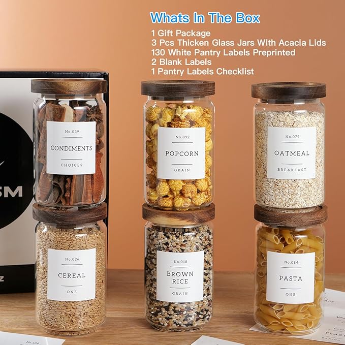 6 Set Glass Pantry Storage Jars with Acacia Airtight Lid - 23oz Thicken Glass Kitchen Canisters with 132 Pantry Labels - Clear Glass Food Storage Containers with Wood Lid for Tea,Sugar,Cookie,Coffee-CasaMuseHome