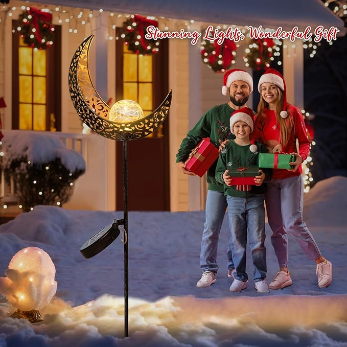 2Pack Moon Garden Solar Lights Outdoor Stakes Waterproof, Gifts for Mom, Crackle Glass Patio, Backyard Decorations, Balcony Lawn Ornaments, for Women Men Grandma (Bronze)-CasaMuseHome