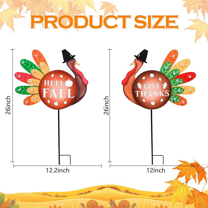 2 PCS Happy Fall Yard Signs Metal Thanksgiving Decorative Garden Stakes with Led Light Turkey Give Thanks Yard Stakes Fall Harvest Lawn Garden Lawn Pathway Decor-CasaMuseHome