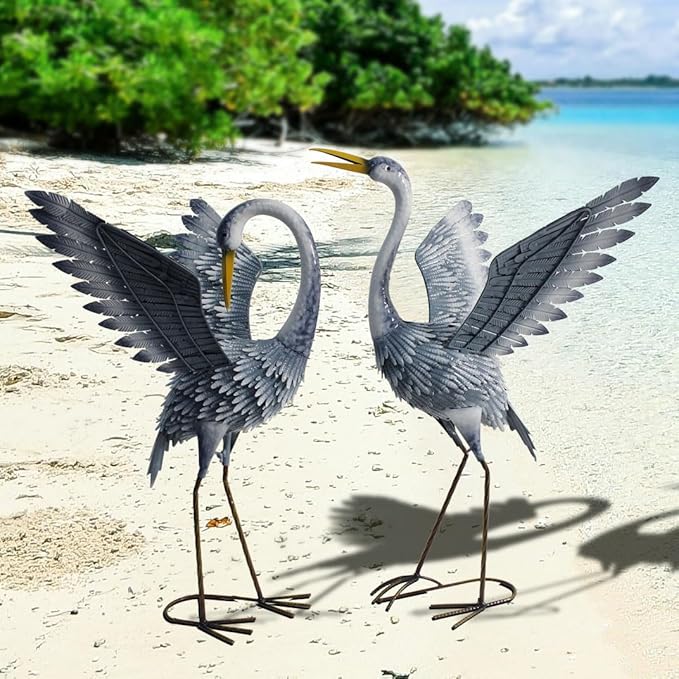 24-27 Inch Standing Crane Garden Sculptures & Statues, Crane Metal Yard Art for Backyard, Lawn, Patio, Porch, Birthday, Wedding Decorations, Gray-CasaMuseHome