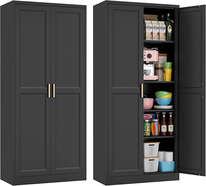71" Tall Metal Pantry Cabinet, Black Kitchen Pantry Storage Cabinet with 4 Adjustable Shelves and Gold Handles, Cupboard for Kitchen, Dining Room, Living Room, Bathroom-CasaMuseHome