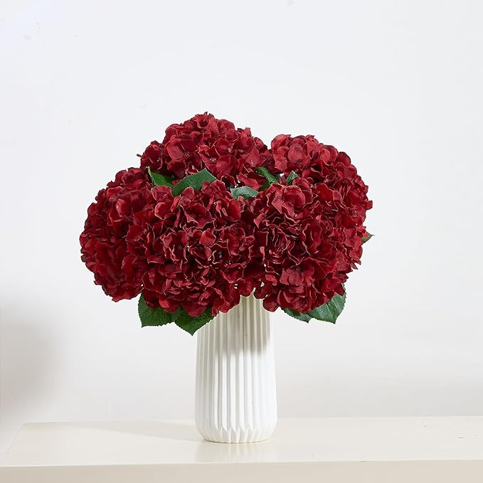 8Pcs Burgundy Fake Flowers Silk Hydrangea Artificial Flowers Bouquets Faux Hydrangea Stems for Home Table Centerpieces Wedding Party Decoration-CasaMuseHome