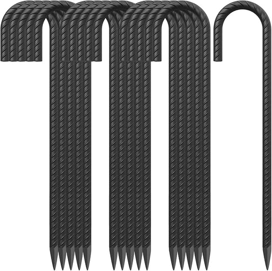 18 Inch Steel J Hook Rebar Ground Stakes 16 Pack 1/2 Inch Diameter Fence Stakes for Wire Fencing with Chisel Point End Metal Tent Stakes Heavy Duty for Outdoor Camping, Black-CasaMuseHome