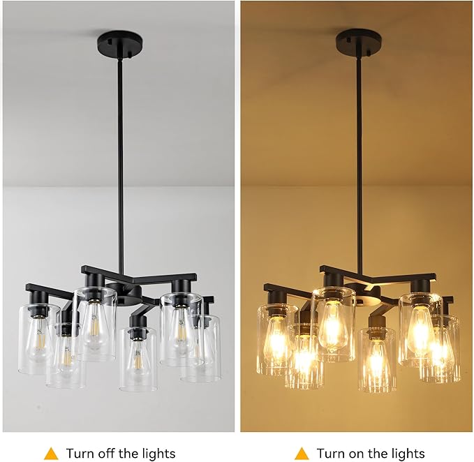 6-Light Modern Farmhouse Black Chandelier, Dining Room Light Fixture Over Table Adjustable Height Hanging Industrial Pendant Lights Kitchen Island, Clear Glass Shade-CasaMuseHome