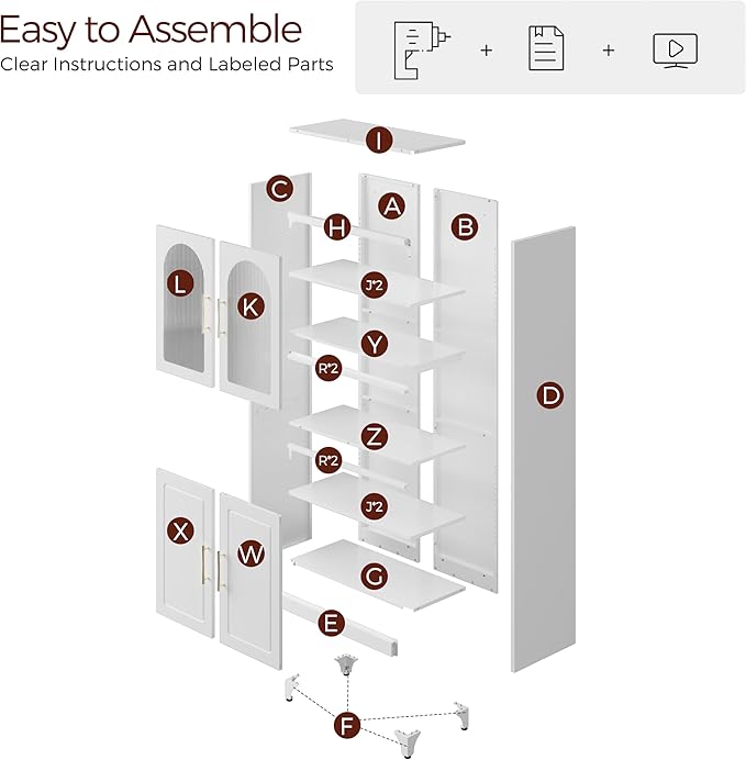 75" Tall Kitchen Pantry Cabinet, Metal Storage Cabinets with Acrylic Doors and Adjustable Shelves, Hutch Cabinet with Storage, White Microwave Stand Cabinets for Dining Living Room-CasaMuseHome