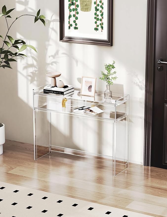 Acrylic Console Table, Entryway Table with Storage Shelves (1, 39.4 * 31.5 * 11.7) (Clear)-CasaMuseHome