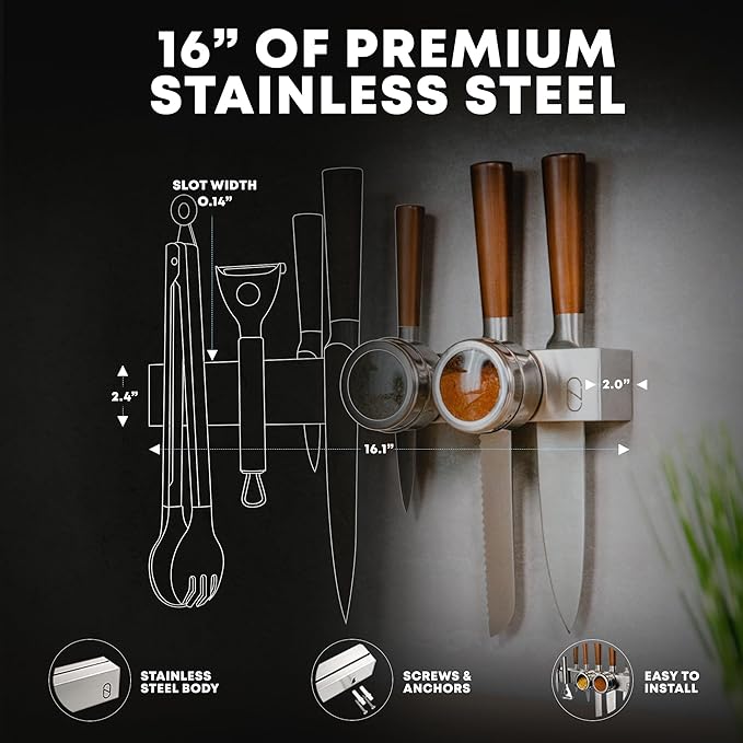 16" Magnetic Knife Holder for Wall with 2x Storage - Safe, Patented Storage Design - Stainless Steel Knife Magnetic Strip, Under Cabinet Knives Storage - Magnet Strip Rack Kitchen Utensil Organizer-CasaMuseHome