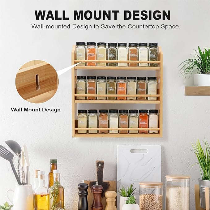 3 Tier Bamboo Spice Rack, Spice Rack Organizer, Seasoning Jars Rack Shelf Spice Organizer for Kitchen Counter or Wall Mounting, Bamboo Spice Storage Holder with handles Easy to Move-CasaMuseHome