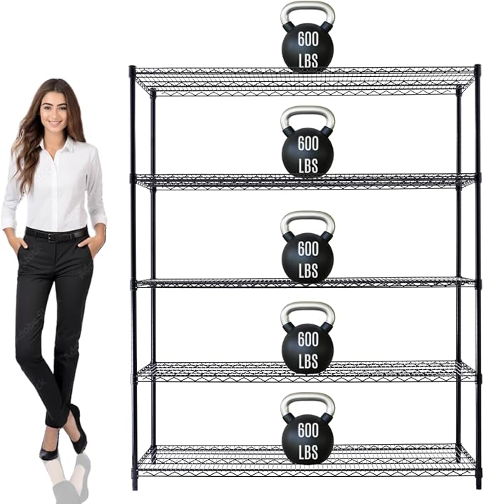 60"x24"x72" PRIME HEAVY DUTY Black 5-Tier Wire Shelving NSF 3000 LBS MAX Capacity Storage Rack for Commercial, School, Home, Garage, Warehouse, Industrial, and Hospital Uses (with Wheels)-CasaMuseHome