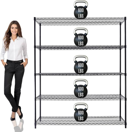 60"x24"x72" PRIME HEAVY DUTY Black 5-Tier Wire Shelving NSF 3000 LBS MAX Capacity Storage Rack for Commercial, School, Home, Garage, Warehouse, Industrial, and Hospital Uses (with Wheels)-CasaMuseHome