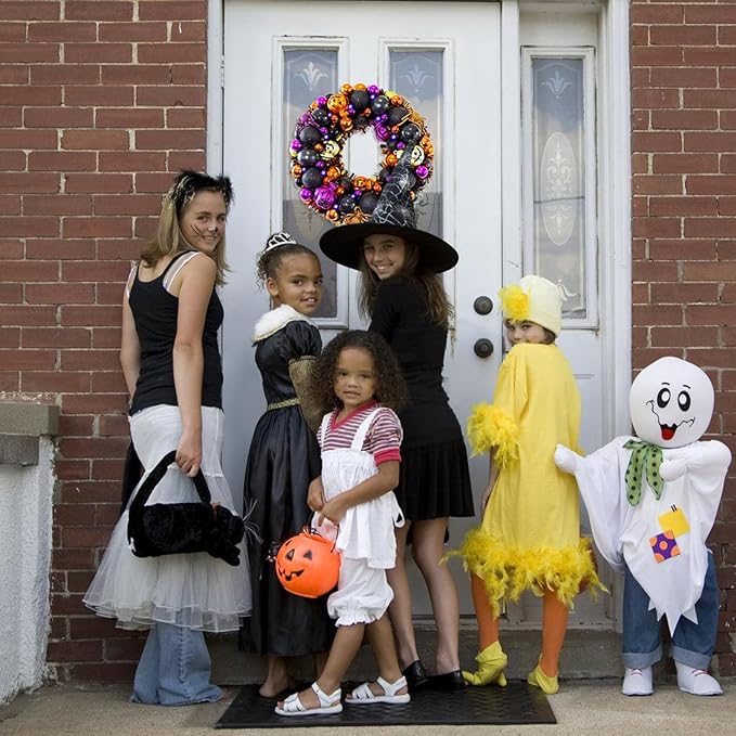 13.8 Inch Halloween Ball Wreath for Front Door with Lights, Lighted Cute Treat-or-Trick Door Wreath Ball Ornament for Halloween Indoor Decorations Centerpiece Party Holiday Wall Home Decor-CasaMuseHome