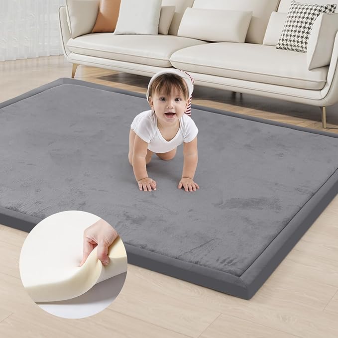 ACOMOPACK Baby Play Mat for Floor 1.3" Thick Memory Foam Play Mat 71"×79" Tummy Time Crawling with Non-Slip Bottom for Living Room,Nursery,Soft Velvet Playpen Mats for Kids,Infants（Dark Grey）-CasaMuseHome
