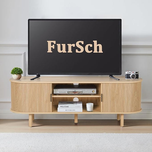 54" Tambour Door TV Stand,Wood Mid Century Modern TV Cabinet for Up to 65“ TV,Curved Edge Long TV Stand with Storage for Bedroom Living Room(Natural, 54inch)-CasaMuseHome