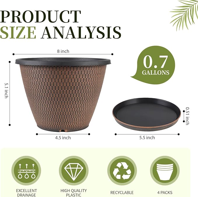 4 Pack 8 inch Plant Pot, Plastic Pots for Plants Indoor, Round Planters for Outdoor Plants with Drainage Holes & Trays, Decorative Flower Pots Garden Containers Sets for Houseplants (Black Copper)-CasaMuseHome