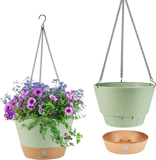 2 Pack Hanging Planters, 10 inch Indoor Outdoor Hanging Plant Pot Basket, Hanging Plastic Flower Pot with Drainage Hole with Removable Tray&Hooks for Hanging Plants,Green-CasaMuseHome