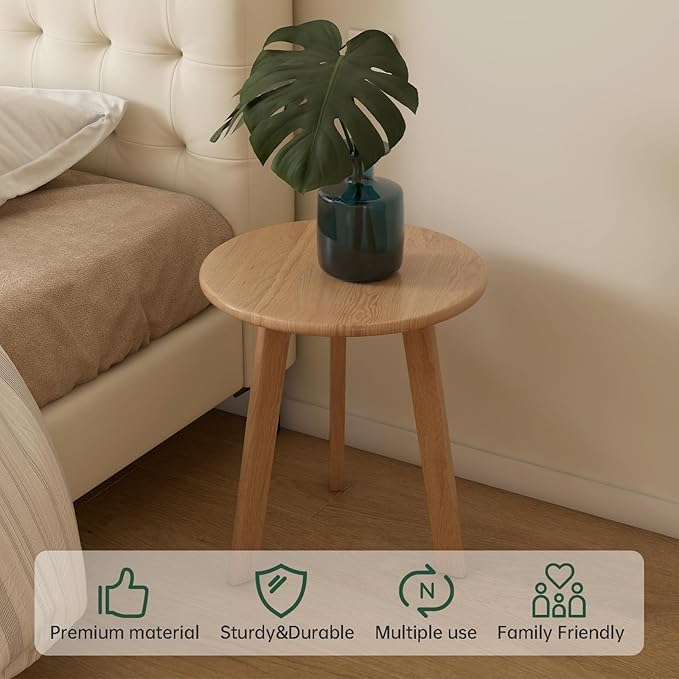 100% Solid Oak Round Side Table Set of 2, Small Bedside Table for Small Spaces, Living Room End Table with Stable Frame, Modern Nightstand for Bedroom Couch(Natural, 17.71" D x 19.68" H)-CasaMuseHome