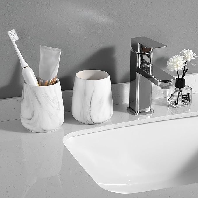 2Pcs Toothbrush Holder for Bathroom - Marble White Ceramic Tooth Brushing Holders Set, Toothbrush Cup & Toothpaste Organizer for Bathroom Countertop, Makeup Brush Holder, Pen Holder for Home Storage-CasaMuseHome