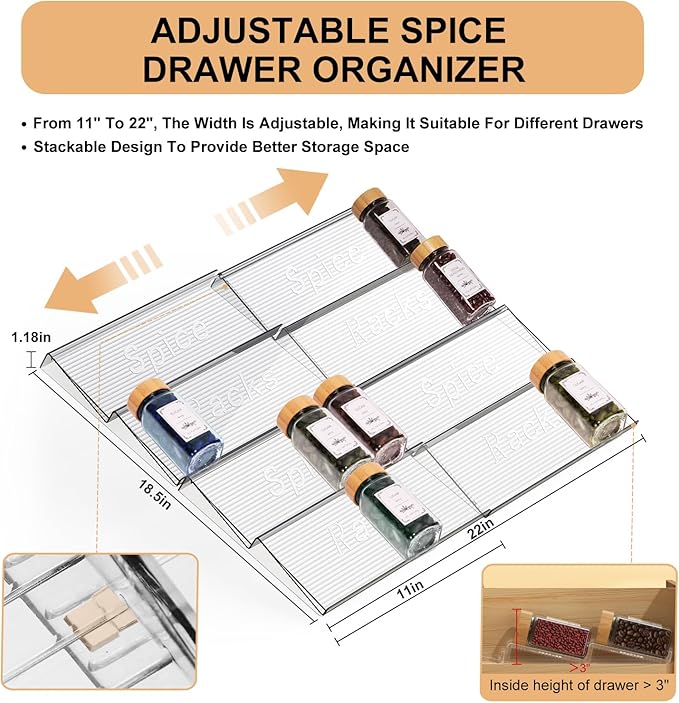24 Spice Jars with Spice Drawer Organizer, 355 Spice Labels, 4 Pack Expandable From 11'' to 21'' Acrylic Spice Rack for Drawer, Seasoning Containers Storage Organization for Kitchen Cabinet Countertop-CasaMuseHome