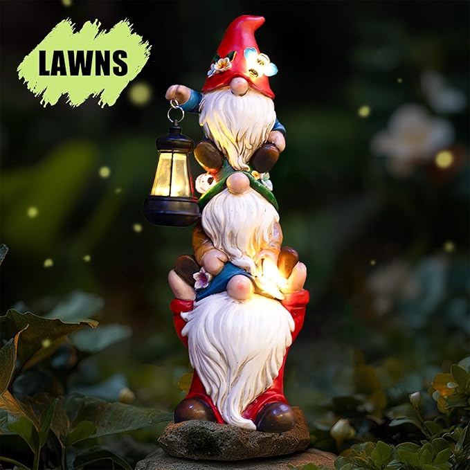 17 in Large Garden Gnome Statue with Solar Lights Sculptures Funny Triple Big Gnome Outdoor Patio Lawn Yard Balcony Garden Home Decor Gifts for Women Mom-CasaMuseHome