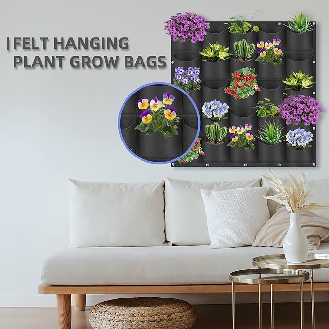 25 Pockets Hanging Planter Bags, Hanging Vertical Wall Mounted Plant Planting Grow Bags, Herb Garden Planter Outdoor Indoor Growing Bag, Gardening Vertical Greening Flower Container(1m×1m, Black)-CasaMuseHome