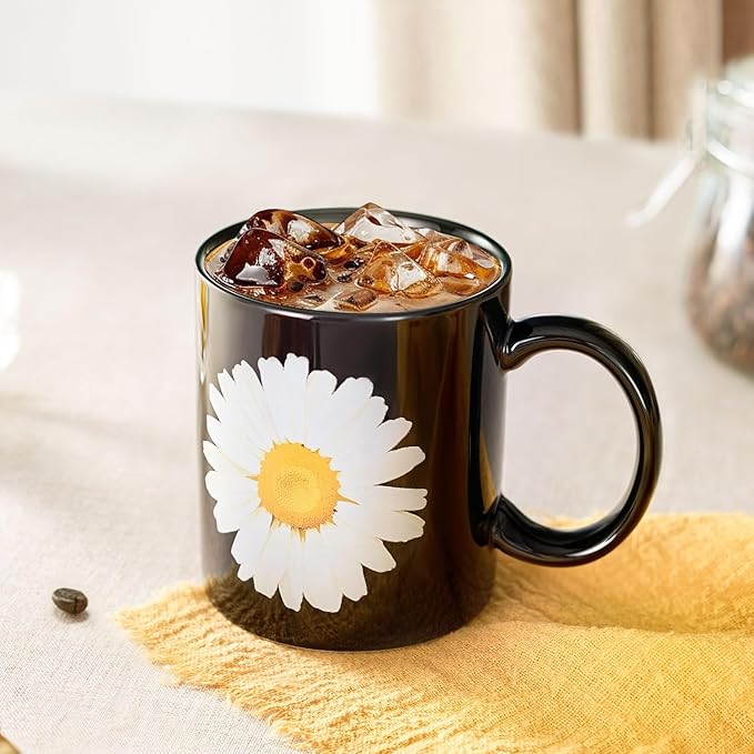 12Oz Daisy Black Ceramic Mug, Mug for Daily Coffee and Tea, Lead-free, Microwave and Dishwasher Safe Coffee Mug, Perfect gifts for women and men-CasaMuseHome