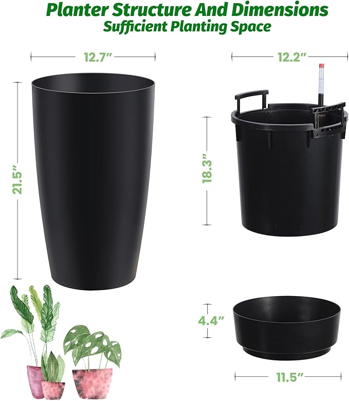 22" Tall Round Planter Set of 2, Self Watering Pots for Indoor Plants, Large Flower Pot Outdoor with Built-in Drainage and a Water Level Monitor, for Patio, Porch, Living Room, or Home Office, Black-CasaMuseHome