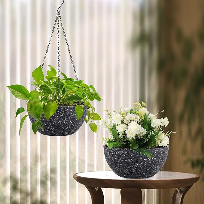 8 inch Small Hanging Planters for Indoor Outdoor Plants, 2 Pack Hanging Flower Plant Pots with Drainage Holes and Chain for Porch, Plastic Hanging Baskets for House Plants, Speckled Black-CasaMuseHome