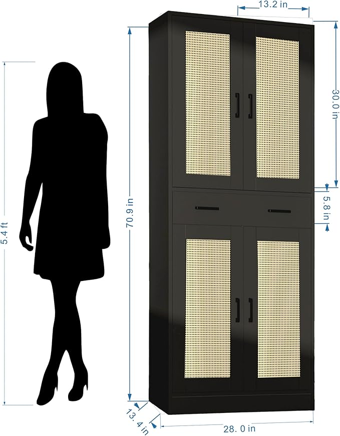 71" Tall Black & Rattan Pantry Cabinet - Boho Chic Kitchen Storage with Doors & Drawer for Dining Room, Hallway or Kitchen Organization-CasaMuseHome