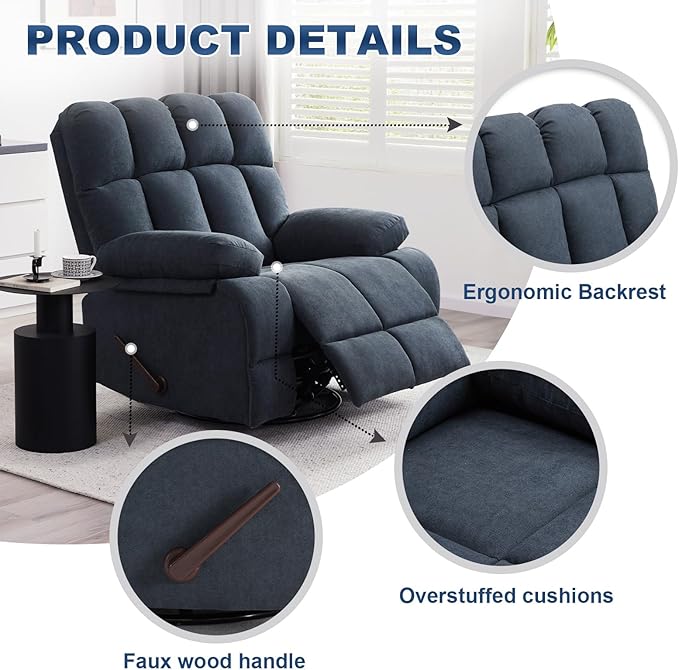 2PCS Oversized Recliner Chair, 360° Swivel Rocker Recliner for Big Man, Extra Wide Manual Recliner, Overstuffed Soft Rocking Sofa Chair for Living Room(Grey)-CasaMuseHome