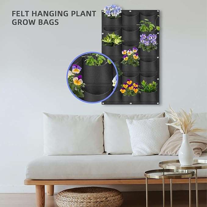 18 Pockets Hanging Planter Bags, Hanging Vertical Wall Mounted Plant Planting Grow Bags, Herb Garden Planter Outdoor Indoor Growing Bag, Gardening Vertical Greening Flower Container(1m×0.5m, Black)-CasaMuseHome