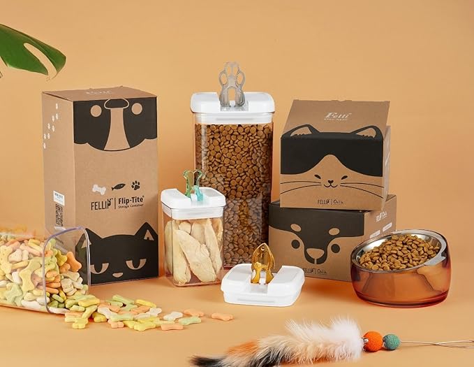 Felli Flip Tite Pet Food Container with Airtight Lids, BPA FREE Acrylic Canister with Paw Bone Fish Flip Top Handles for Cat Dog Kibble Treats Storage, Keep Fresh (Pet Collection Nest-L3pk)-CasaMuseHome