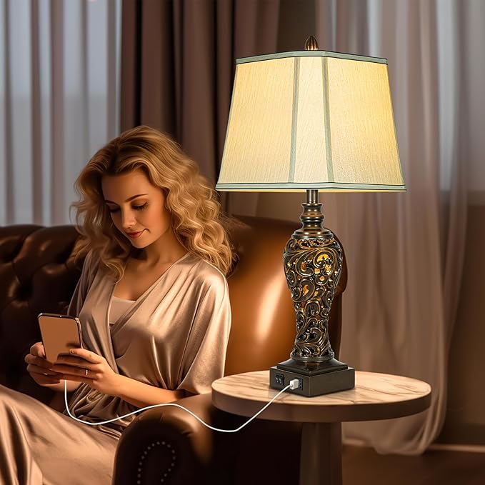 28.5" high Vintage Brown Table Lamps Set of 2 - Bedside Lamp with Faux Silk Shades - for Bedroom and Living Room with USB and Nightlight - Perfect for Nightstands and Bedrooms (Bulb Included)-CasaMuseHome