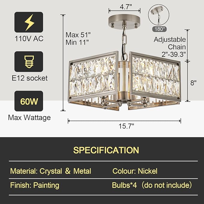 12” 4-Light Modern Crystal Chandeliers Nickel Dinning Room Light Fixture, Square Pendant Light Kitchen Island Chandelier, Flush Mount Ceiling Light for Living Room Entryway Bedroom Foyer-CasaMuseHome