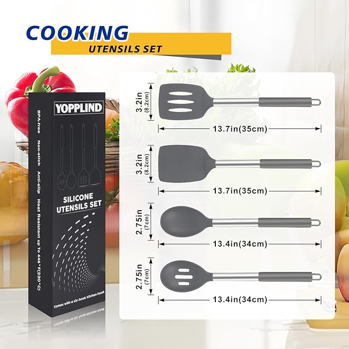 5-Piece Silicone Kitchen Tool Set, BPA-Free, Heat-Resistant, Non-Stick & Dishwasher-Safe, with Slotted/Solid Spoons & Spatulas for Frying, Mixing, Draining – Includes Multi-Purpose Serving Hook(Gray)-CasaMuseHome