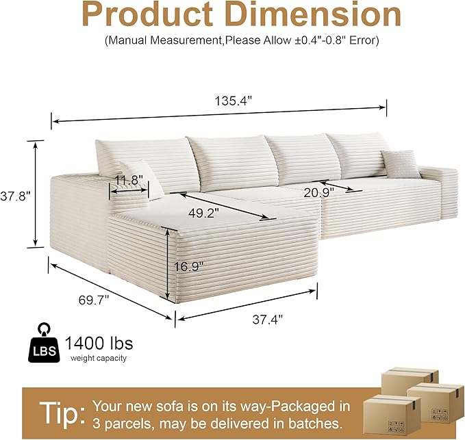 136" Sectional Couches for Living Room Modern Modular Sofa with L-Shape Couchs Upholstered Boneless Couch Deep Seat Sectional Couch with Chaise (White, Left Facing Chaise+3Seaters)-CasaMuseHome