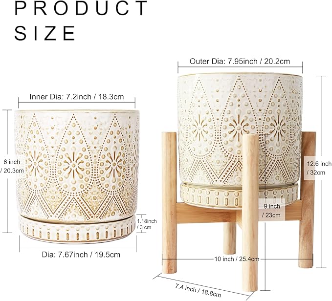 8 Inch Plant Pot with Stand, Ceramic Planter with Drainage Holes, Saucers and Mesh Pads for Indoor-Outdoor Plants-CasaMuseHome