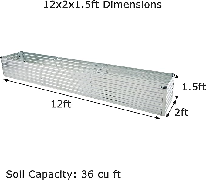 12x2x1.5ft Galvanized Raised Garden Bed,Outdoor Planter Box Metal Patio Kit Planting Bed for Vegetables Flowers Herb,Silver-CasaMuseHome