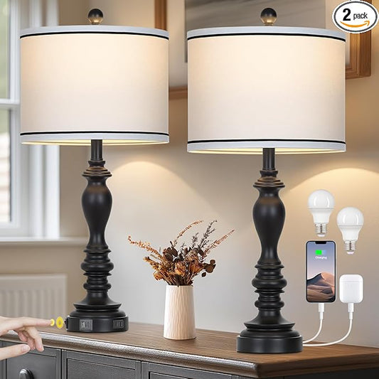 27.5" Farmhouse Table Lamp for Living Room, Black Lamps Set of 2 with USB A+C Ports, Mid Century Tall Table Lamp for Bedroom, Bedside Lamps for Night Stands(2 Bulbs Included)-CasaMuseHome