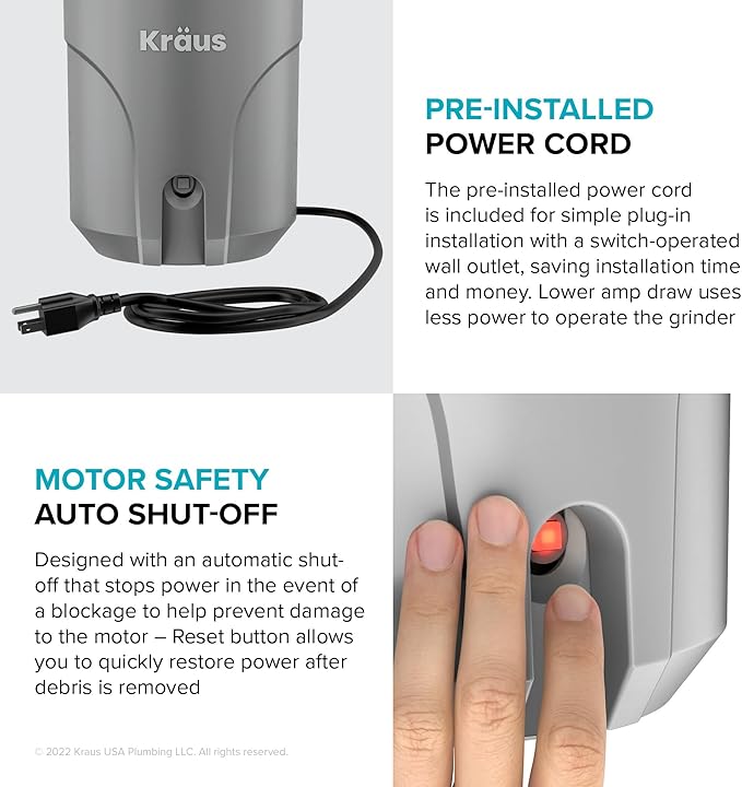 KRAUS® WasteGuard™ High-Speed 1/2 HP Continuous Feed Ultra-Quiet Motor Garbage Disposal with Power Cord and Flange Included and Universal Mount