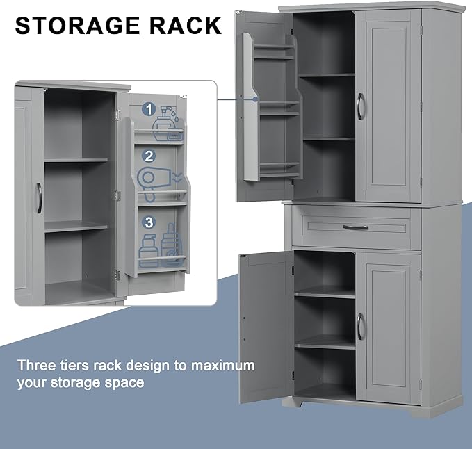 72.2" Tall Storage Cabinet with 4 Doors and Drawer, Freestanding Linen Cabinet, Wooden Pantry with Adjustable Shelf for Kitchen, Bathroom, Living Room, Grey-CasaMuseHome